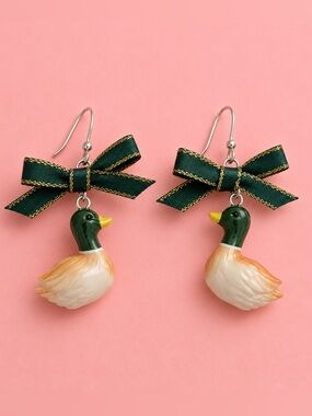Green Bow Duck Drop Earrings